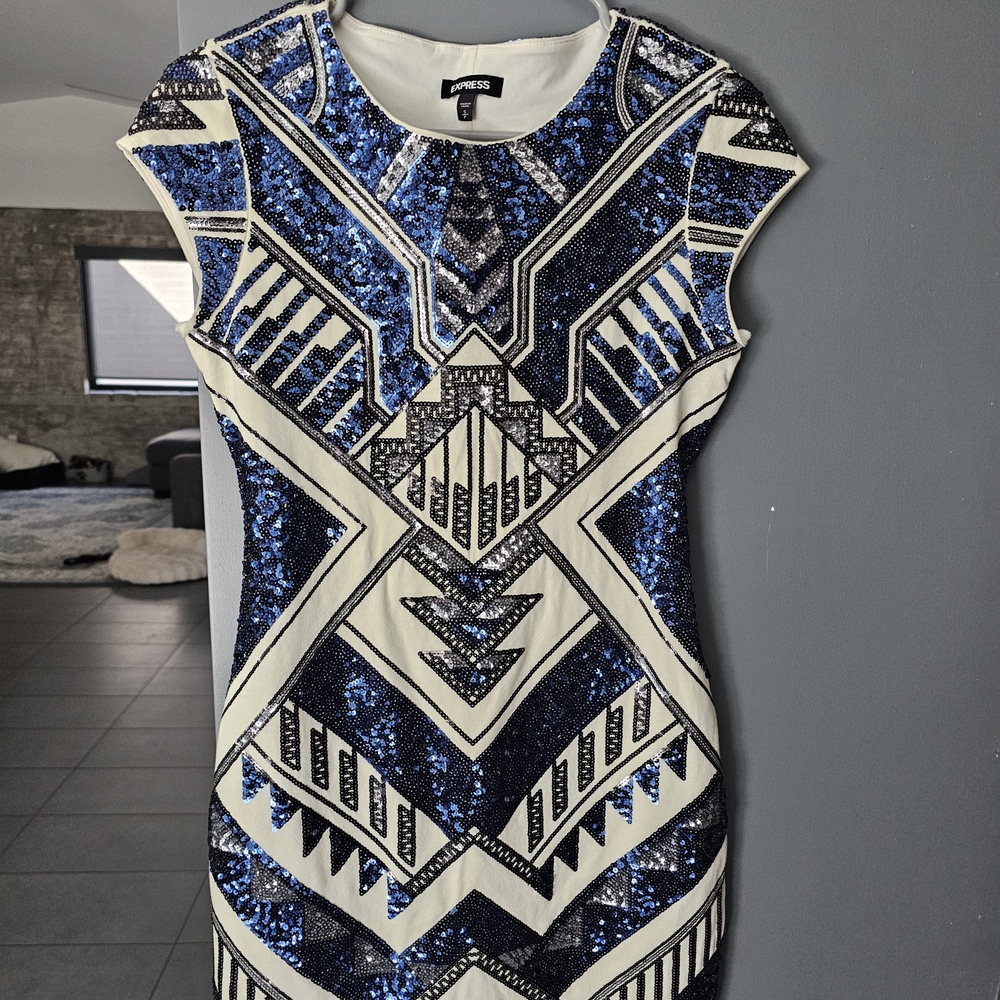 Express Geometric Blue and White Sequin Bodycon Dress